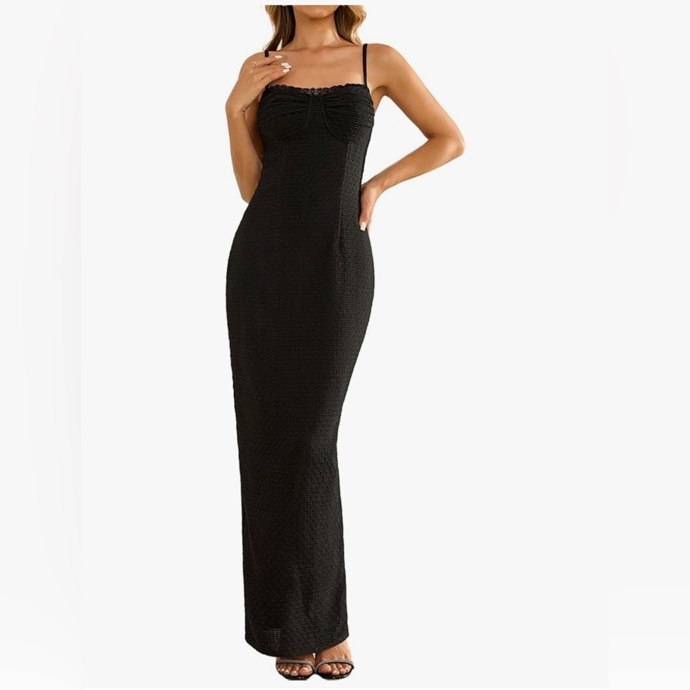 NEW Black lace trim Slit Lace up back Adj Spaghetti Strap Maxi Lined Dress 6